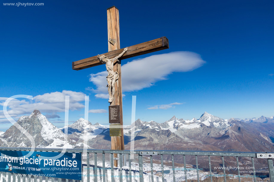 MATTERHORN GLACIER PARADISE, SWITZERLAND - OCTOBER 27, 2015: Crucifixion on Matterhorn Glacier Paradise near Matterhorn Peak, Alps, Switzerland