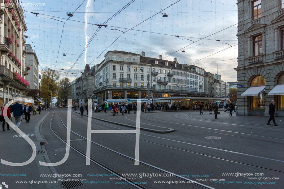 ZURICH, SWITZERLAND - OCTOBER 28, 2015: Bahnhofstrasse street in City of Zurich, Switzerland
