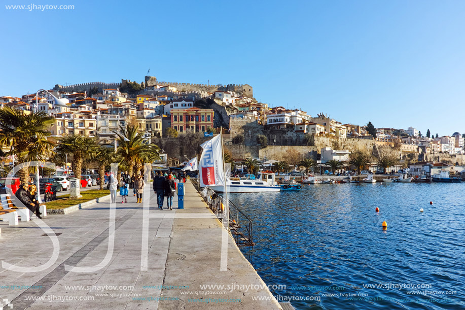 Panoramic view of port and Old town of Kavala, East Macedonia and Thrace, Greece
