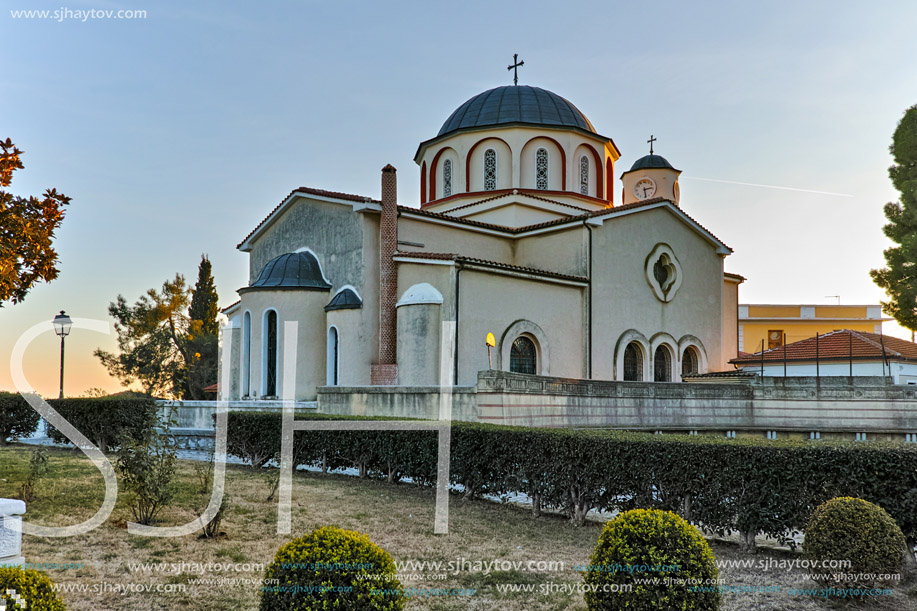 Sunset view of church in Kavala, East Macedonia and Thrace, Greece