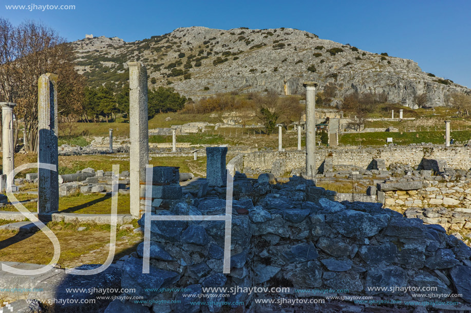 Ancient columns in the archeological area of Philippi, Eastern Macedonia and Thrace, Greece