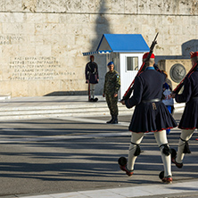 ATHENS, GREECE - JANUARY 19 2017:  Evzones - presidential ceremonial guards in the Tomb of the Unknown Soldier at the Greek Parliament, Athens, Greece