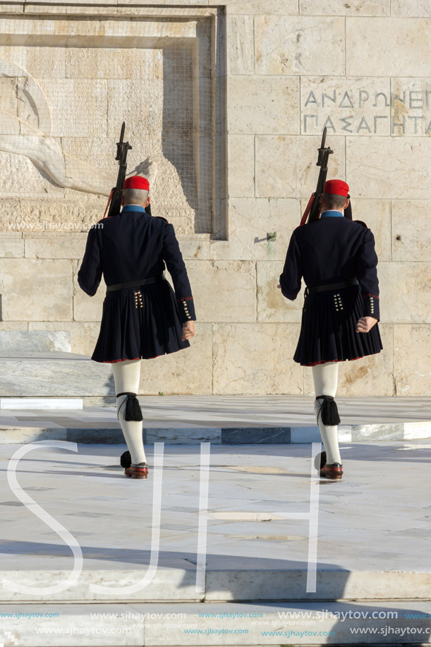 ATHENS, GREECE - JANUARY 19 2017:  Evzones - presidential ceremonial guards in the Tomb of the Unknown Soldier at the Greek Parliament, Athens, Greece