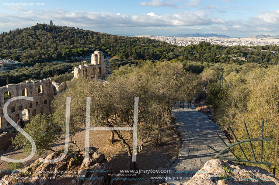 ATHENS, GREECE - JANUARY 20 2017:  Ruins of Odeon of Herodes Atticus in the Acropolis of Athens, Attica, Greece
