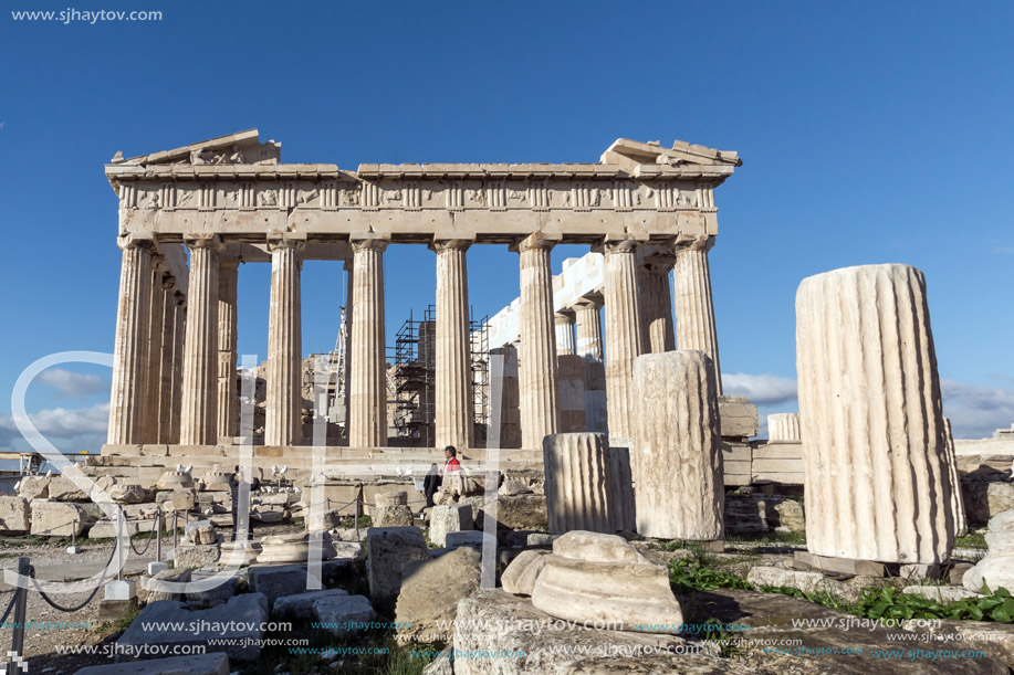 ATHENS, GREECE - JANUARY 20 2017:  Amazing view of The Parthenon in the Acropolis of Athens, Attica, Greece