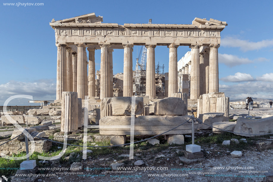 ATHENS, GREECE - JANUARY 20 2017:  Amazing view of The Parthenon in the Acropolis of Athens, Attica, Greece