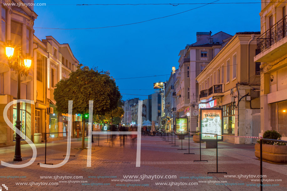 PLOVDIV, BULGARIA - APRIL 29 2017:  Night photo of Walking street in city of Plovdiv, Bulgaria
