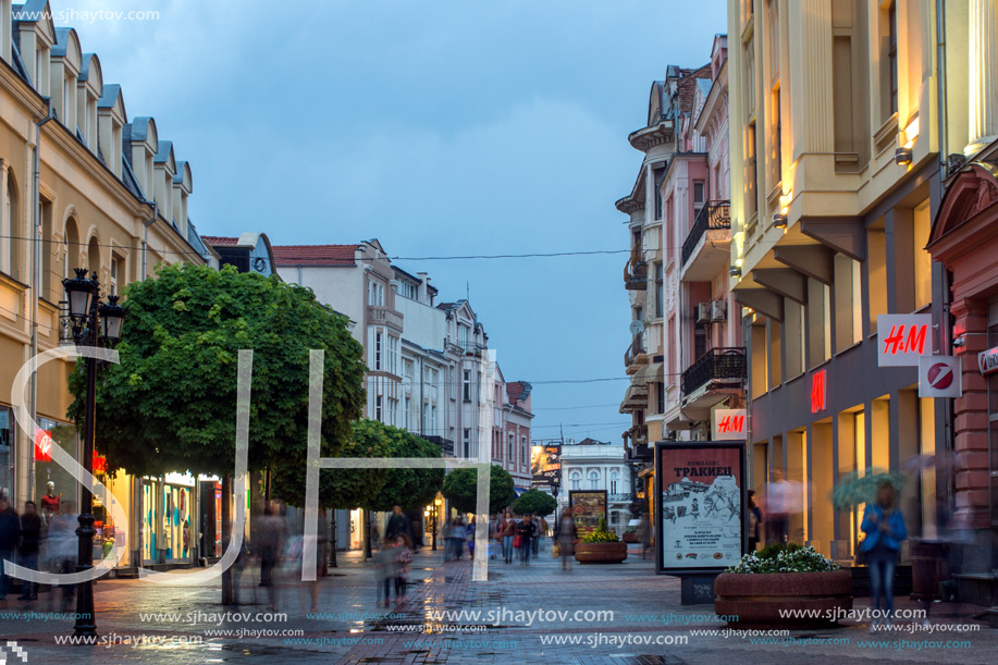 PLOVDIV, BULGARIA - APRIL 30 2017:  Night photo of Walking street in city of Plovdiv, Bulgaria