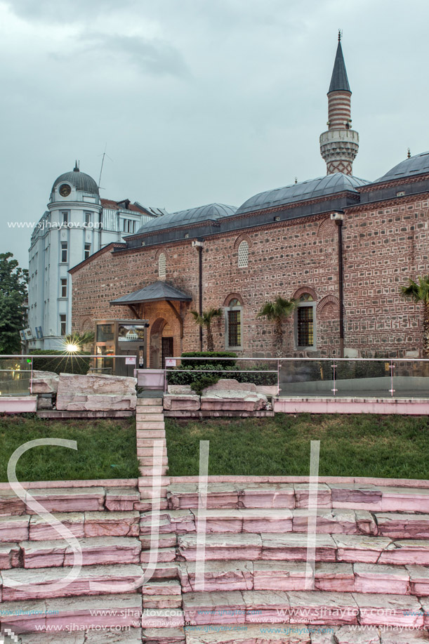 PLOVDIV, BULGARIA - APRIL 30 2017: Night photo of Dzhumaya Mosque and Roman stadium in city of Plovdiv, Bulgaria