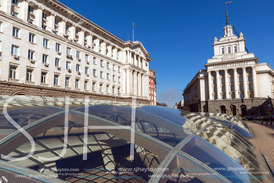 SOFIA, BULGARIA - APRIL 1, 2017: Buildings of Council of Ministers and Former Communist Party House in Sofia, Bulgaria