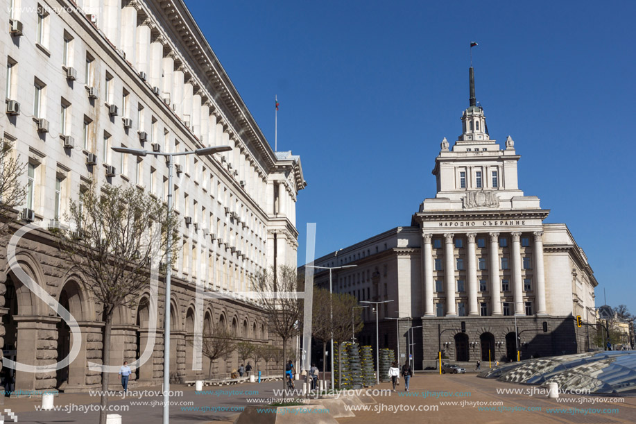 SOFIA, BULGARIA - APRIL 1, 2017: Buildings of Council of Ministers and Former Communist Party House in Sofia, Bulgaria