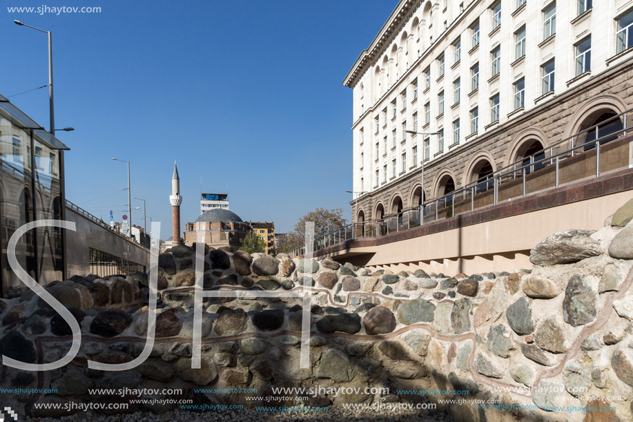 SOFIA, BULGARIA - APRIL 1, 2017: Banya Bashi Mosque and ruins of ancient Serdica in Sofia, Bulgaria