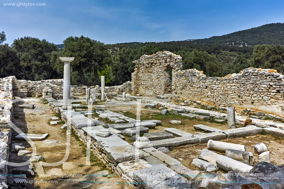 Columns in Ruins of ancient church in Archaeological site of Aliki, Thassos island,  East Macedonia and Thrace, Greece