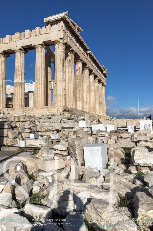 ATHENS, GREECE - JANUARY 20 2017:  Amazing panorama of The Parthenon in the Acropolis of Athens, Attica, Greece