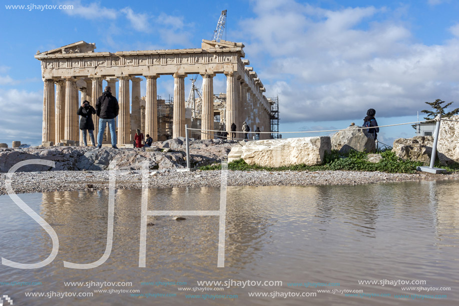 ATHENS, GREECE - JANUARY 20 2017:  Amazing panorama of The Parthenon in the Acropolis of Athens, Attica, Greece