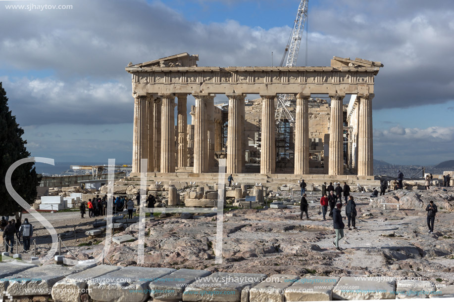 ATHENS, GREECE - JANUARY 20 2017:  Amazing panorama of The Parthenon in the Acropolis of Athens, Attica, Greece