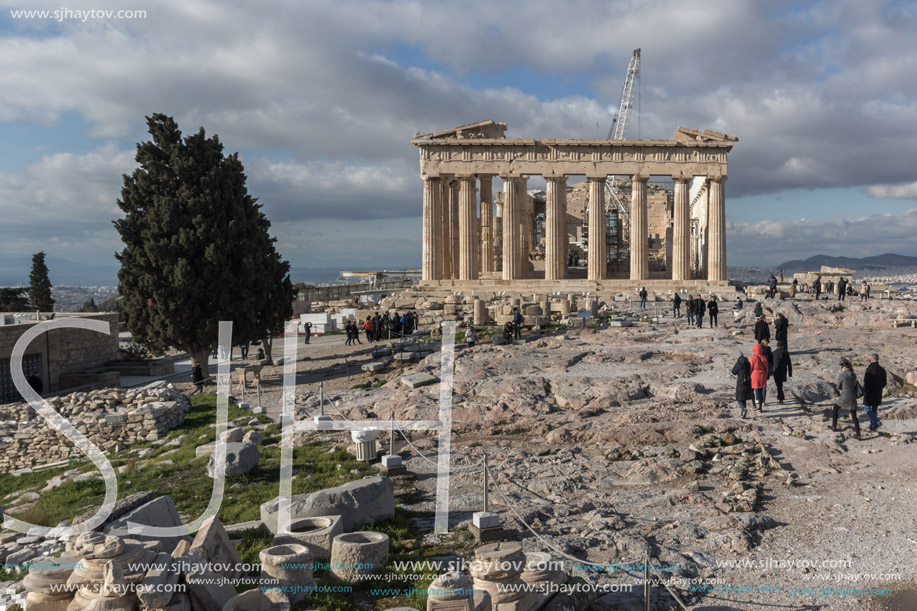 ATHENS, GREECE - JANUARY 20 2017:  Amazing panorama of The Parthenon in the Acropolis of Athens, Attica, Greece