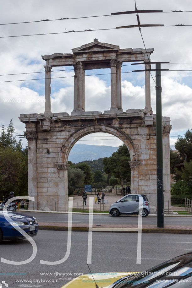 ATHENS, GREECE - JANUARY 20 2017:  Amazing view of Arch of Hadrian in Athens, Attica, Greece