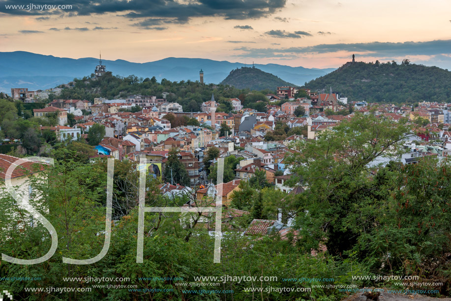 PLOVDIV, BULGARIA - SEPTEMBER 2 2016:  Sunset view of city of Plovdiv from Nebet tepe hill, Bulgaria