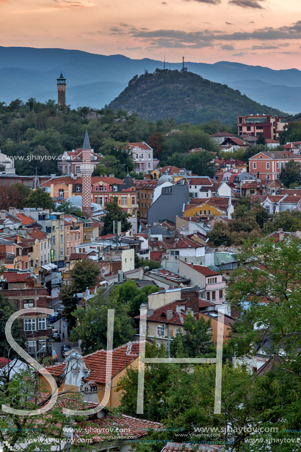 PLOVDIV, BULGARIA - SEPTEMBER 2 2016:  Sunset view of city of Plovdiv from Nebet tepe hill, Bulgaria