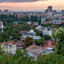 PLOVDIV, BULGARIA - SEPTEMBER 2 2016:  Sunset view of city of Plovdiv from Nebet tepe hill, Bulgaria