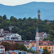 PLOVDIV, BULGARIA - SEPTEMBER 2 2016:  Sunset view of city of Plovdiv from Nebet tepe hill, Bulgaria