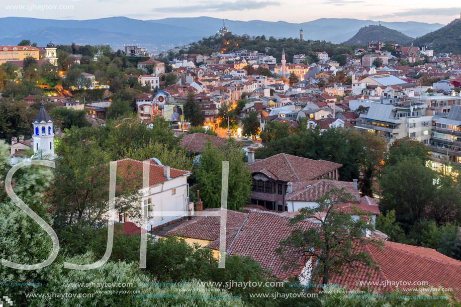 PLOVDIV, BULGARIA - SEPTEMBER 2 2016:  Sunset view of city of Plovdiv from Nebet tepe hill, Bulgaria