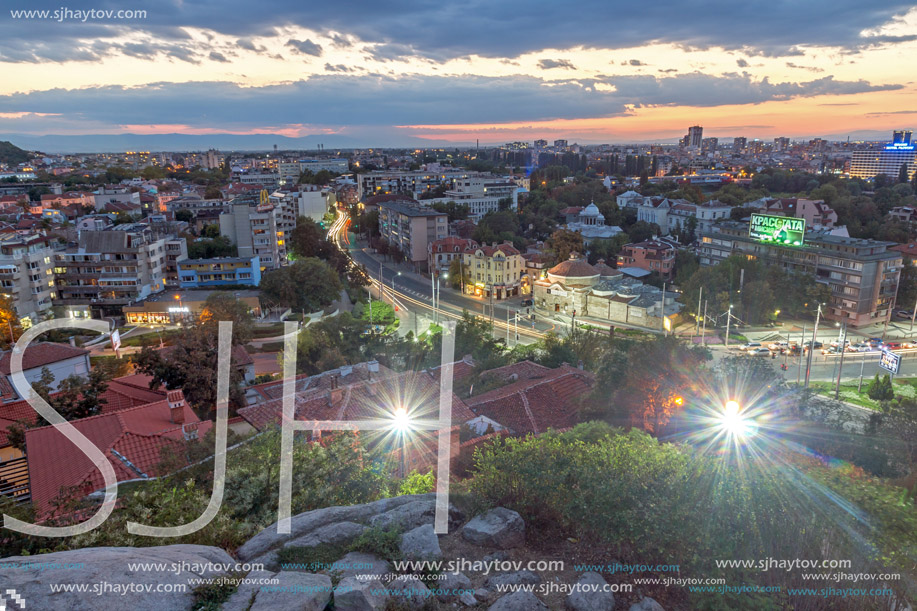 PLOVDIV, BULGARIA - SEPTEMBER 2 2016:  Sunset view of city of Plovdiv from Nebet tepe hill, Bulgaria