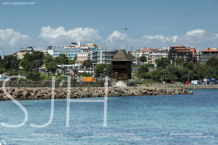 NESSEBAR, BULGARIA - 30 JULY 2014: Old Wooden windmill and panorama to town of Nessebar, Burgas Region, Bulgaria