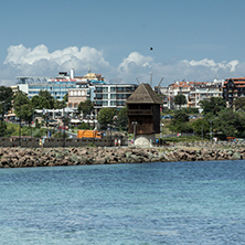 NESSEBAR, BULGARIA - 30 JULY 2014: Old Wooden windmill and panorama to town of Nessebar, Burgas Region, Bulgaria