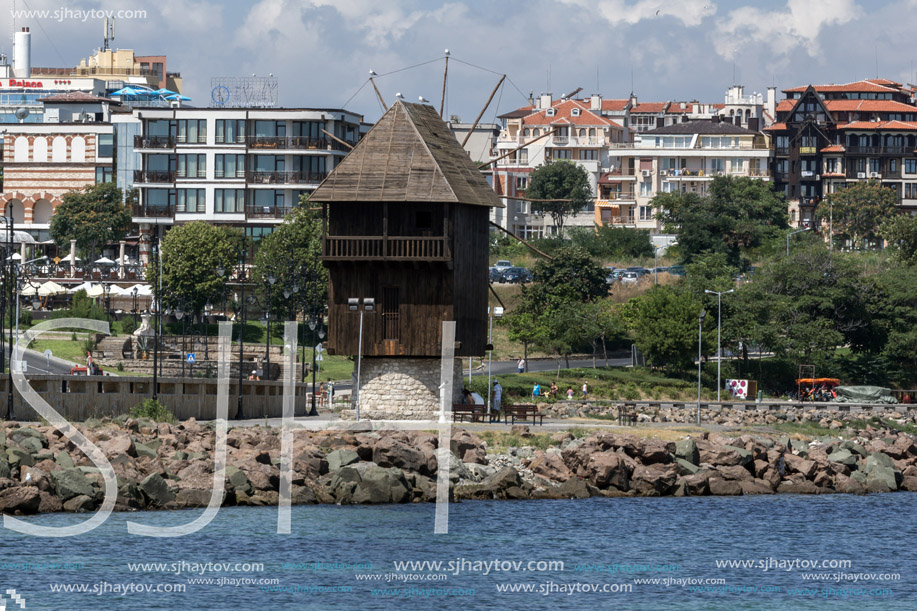 NESSEBAR, BULGARIA - 30 JULY 2014: Old Wooden windmill and panorama to town of Nessebar, Burgas Region, Bulgaria