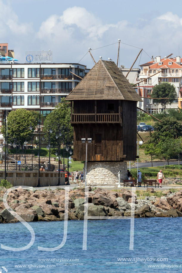 NESSEBAR, BULGARIA - 30 JULY 2014: Old Wooden windmill and panorama to town of Nessebar, Burgas Region, Bulgaria