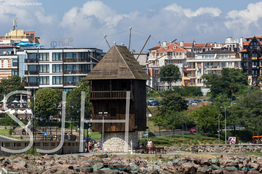 NESSEBAR, BULGARIA - 30 JULY 2014: Old Wooden windmill and panorama to town of Nessebar, Burgas Region, Bulgaria