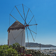 Panorama of white windmill and island of Mykonos, Cyclades, Greece