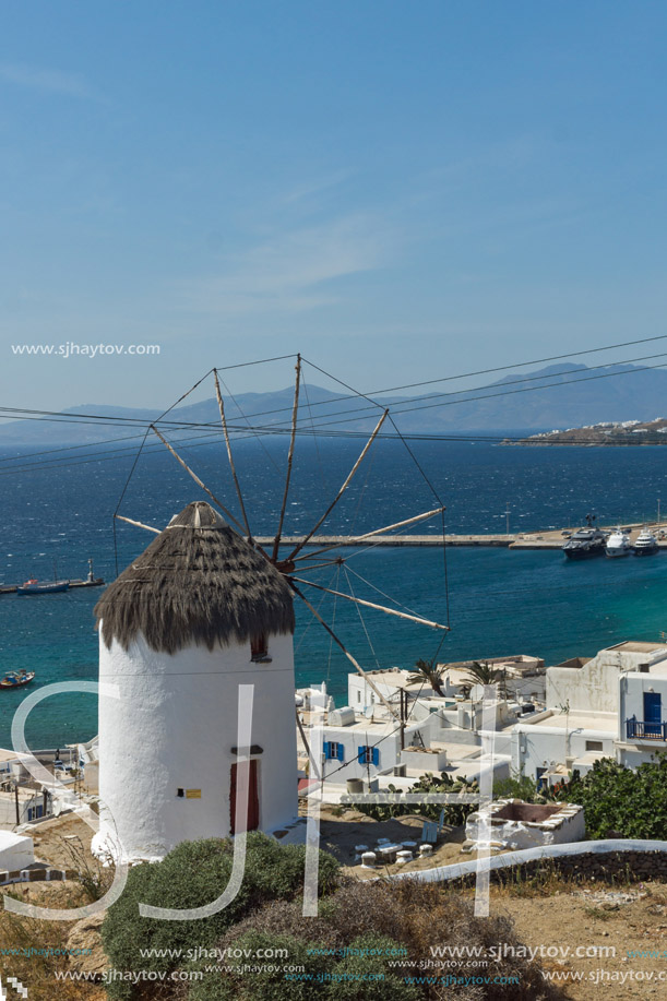 Panorama of white windmill and island of Mykonos, Cyclades, Greece