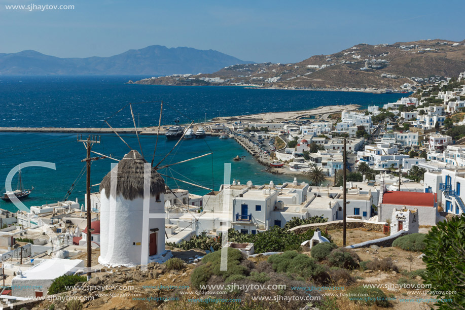 Panorama of white windmill and island of Mykonos, Cyclades, Greece