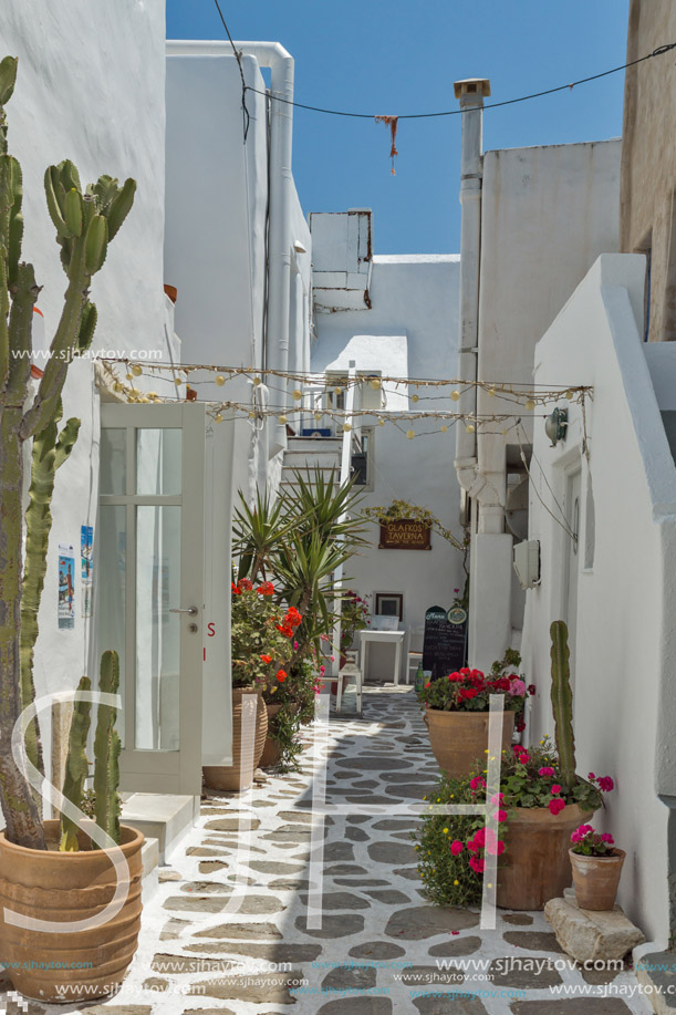 Typical street in town of Naoussa, Paros island, Cyclades, Greece