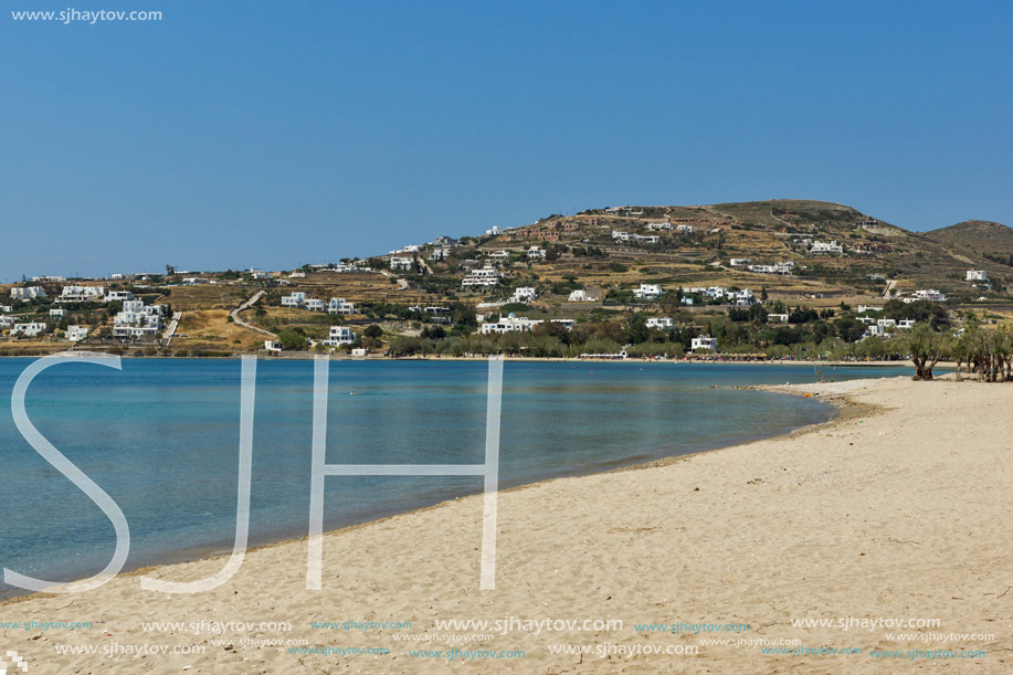 Amazing panorama of beach in town of Naoussa, Paros island, Cyclades, Greece