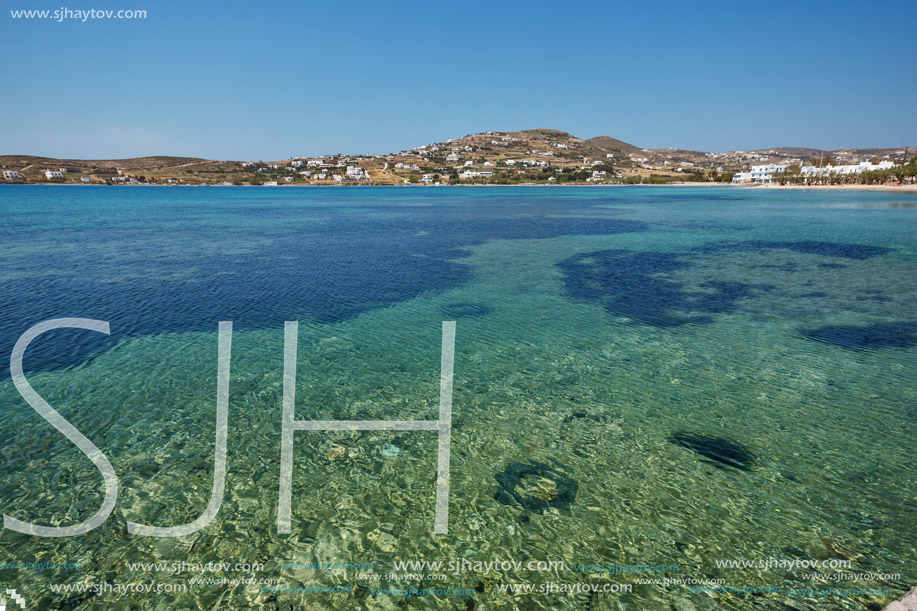 Amazing panorama of beach in town of Naoussa, Paros island, Cyclades, Greece