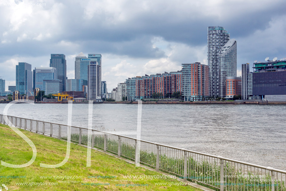 LONDON, ENGLAND - JUNE 17 2016: Canary Wharf view from Greenwich, London, England, Great Britain