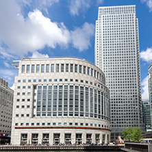 LONDON, ENGLAND - JUNE 17 2016: Business building and skyscraper in Canary Wharf, London, England, Great Britain