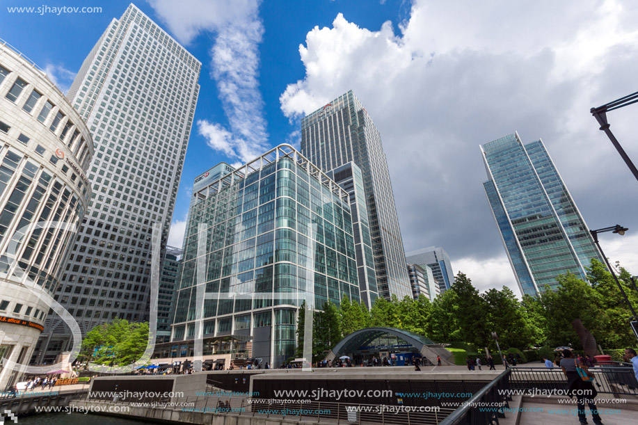 LONDON, ENGLAND - JUNE 17 2016: Business building and skyscraper in Canary Wharf, London, England, Great Britain