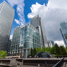 LONDON, ENGLAND - JUNE 17 2016: Business building and skyscraper in Canary Wharf, London, England, Great Britain
