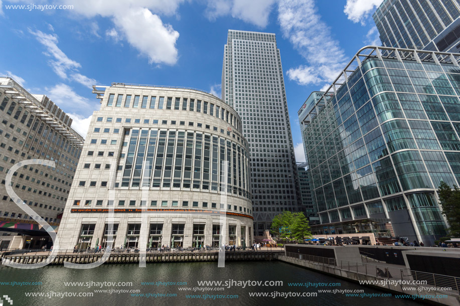 LONDON, ENGLAND - JUNE 17 2016: Business building and skyscraper in Canary Wharf, London, England, Great Britain