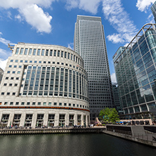 LONDON, ENGLAND - JUNE 17 2016: Business building and skyscraper in Canary Wharf, London, England, Great Britain