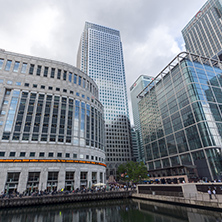 LONDON, ENGLAND - JUNE 17 2016: Business building and skyscraper in Canary Wharf, London, England, Great Britain