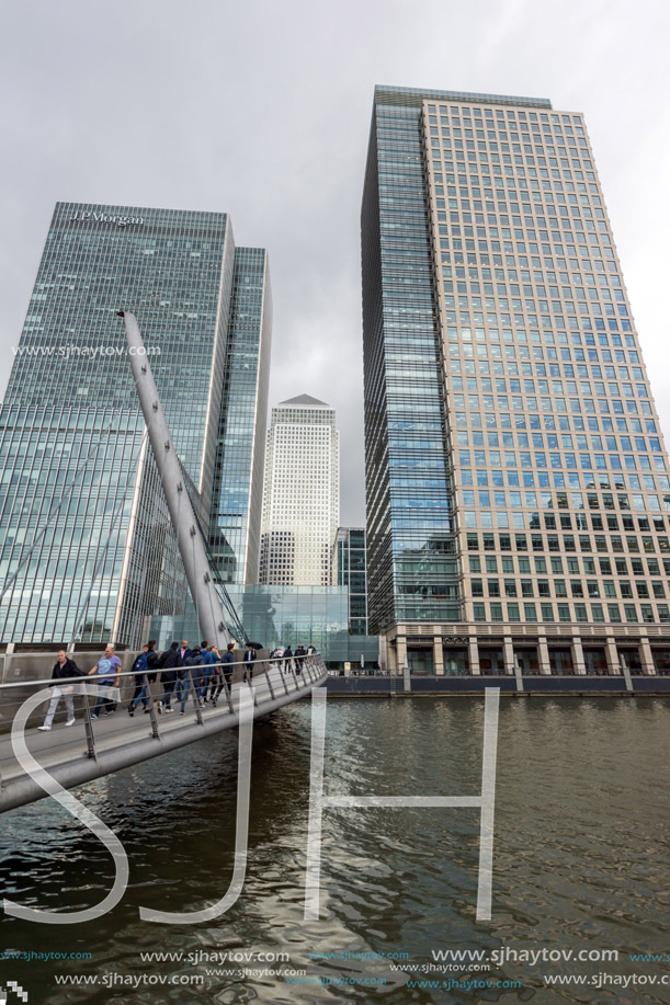 LONDON, ENGLAND - JUNE 17 2016: Business building and skyscraper in Canary Wharf, London, England, Great Britain