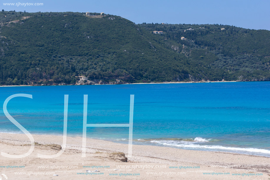 Panoramic view of Girapetra Beach with blue waters, Lefkada, Ionian Islands, Greece