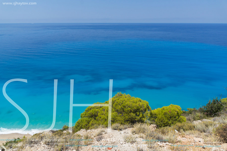 Amazing Panoramic view of Kokkinos Vrachos Beach with blue waters, Lefkada, Ionian Islands, Greece