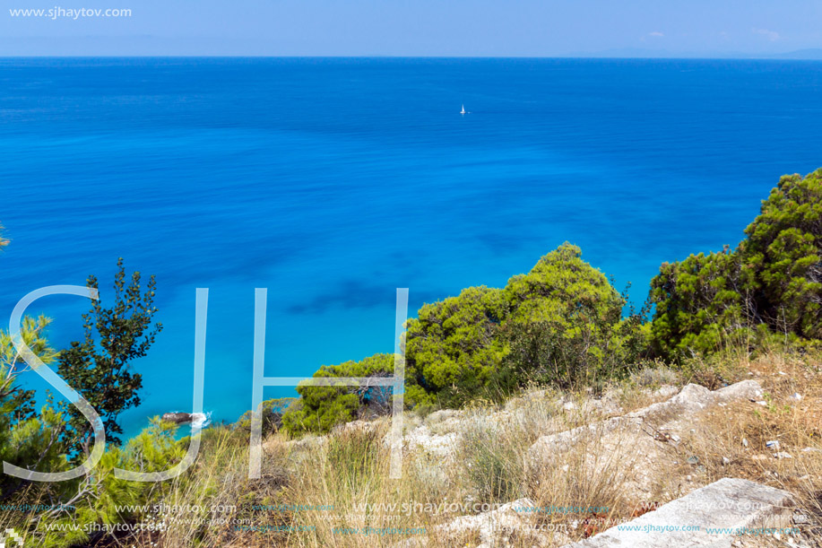 Amazing Panoramic view of Kokkinos Vrachos Beach with blue waters, Lefkada, Ionian Islands, Greece